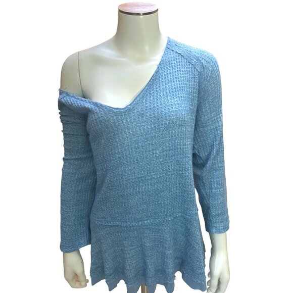 Chrysanthemum Waffle Knit Blue Off Shoulder Long Sleeve Tunic Sweater L - Picture 4 of 7
